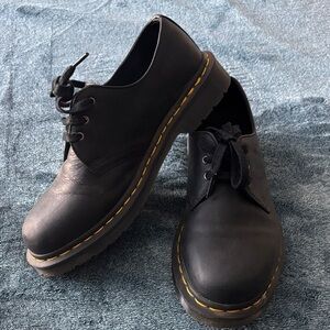 Dr. Martens Black Leather Oxfords with Yellow Stitching